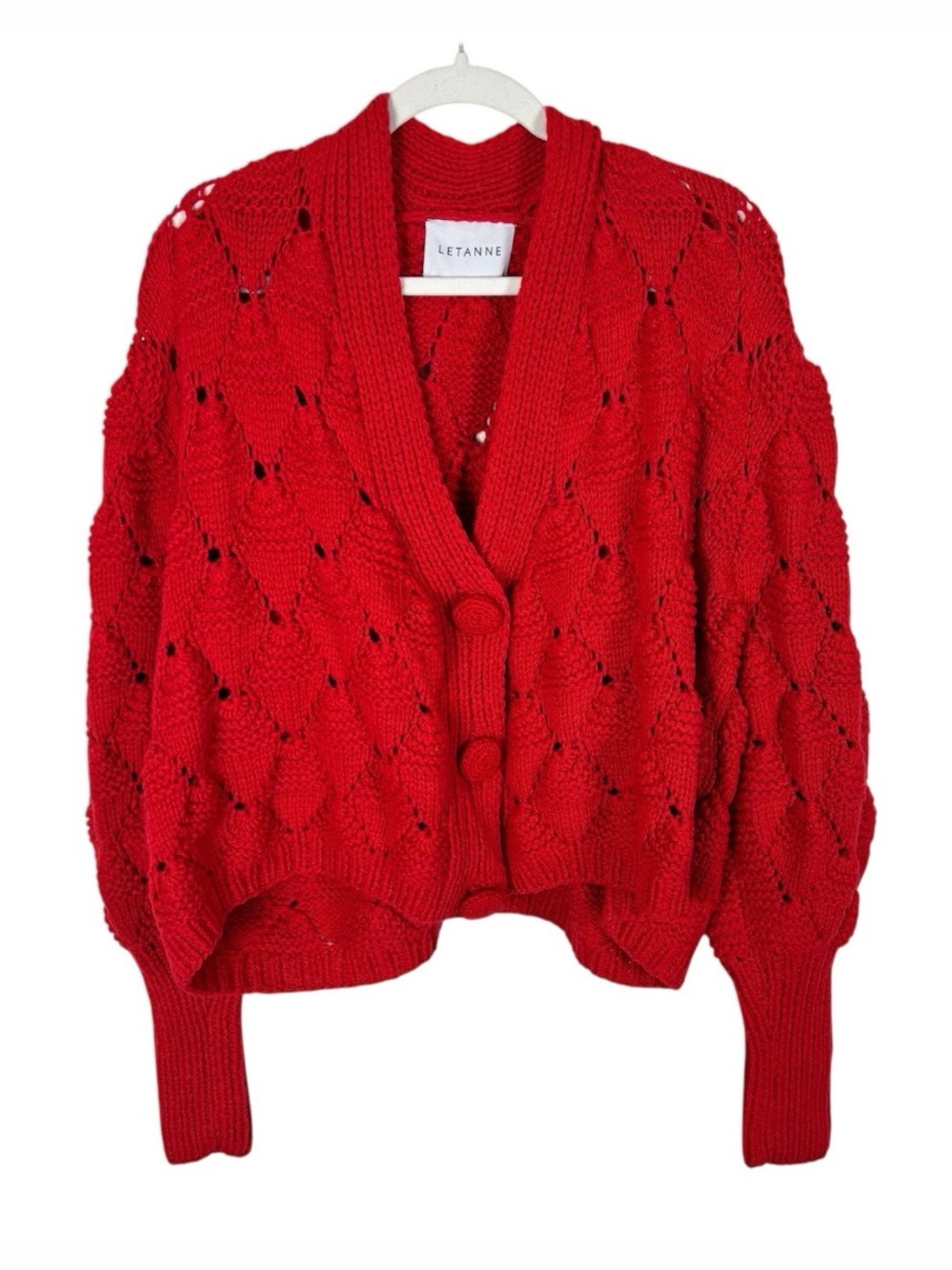 Letanne 100% Italian Cashmere Cable Knit Chunky Cardigan Ruby One Sz Red Luxury